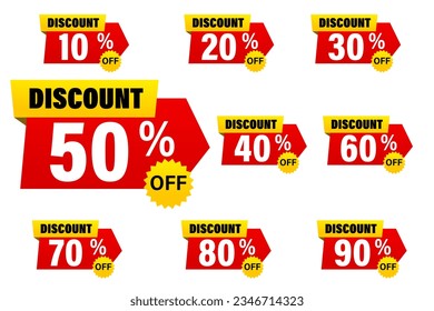 Discount sale off the tag, 10, 20, 30, 40, 50, 60, 70, 80, 90 percent, Promotion red banner with discount offer, clearance, emblem, special offer tag sticker design element, Flat vector illustration