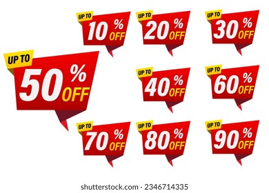 Rabatt Verkauf des Tags, 10, 20, 30, 40, 50, 60, 70, 80, 90 Prozent, Werberotes Banner mit Rabatt-Angebot, Freigabe, Emblem, Sonderangebot Tag-Design-Element, Flache Vektorgrafik