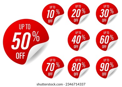 Discount sale off the tag, 10, 20, 30, 40, 50, 60, 70, 80, 90 percent, Promotion red banner with discount offer, clearance, emblem, special offer tag sticker design element, Flat vector illustration