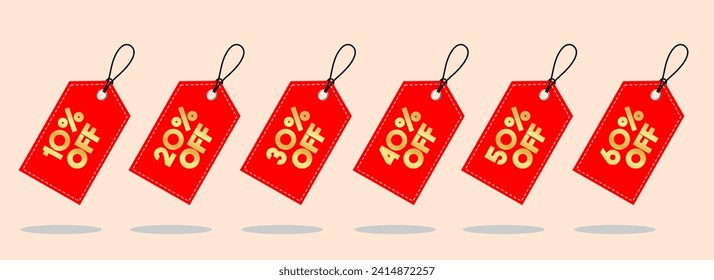 Discount sale off tag, 10, 20, 30, 40, 50, 60, 70, 80, 90 percent. Set sale offer. Set Offer stamp or label