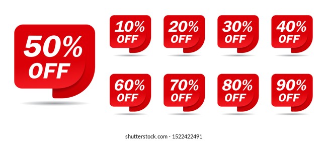 Discount sale off tag, 50, 20, 10, 40, 30, 60, 70, 80, 90 percent.Set sale offer emblem, badge price discount number. Flat offer stamp, sticker clearance sale.Finance product emblem. vector eps10