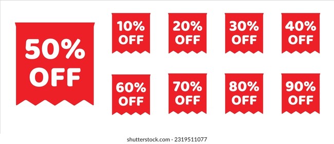 Discount sale off tag, 50, 20, 10, 40, 30, 60, 70, 80, 90 percent. Set sale offer emblem, badge price discount number. Flat offer stamp, sticker clearance sale. Finance product emblem. Vector