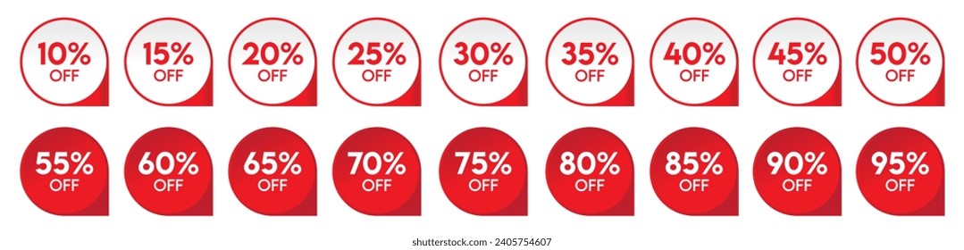 Discount sale off tags set, 10, 20, 30, 40, 50, 60, 70, 80, 90 percent. Promotional tag red ribbon set. Promotion special offer badges.