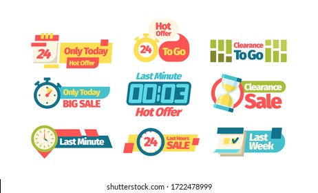 Discount sale offer. Discount coupon last week only today sale last minute best price throughout the day to go color web store presentation, promotion advertising shopping. Banners vector graphics.
