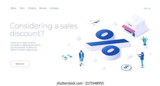 Discount And Sale in Online Shop or Store. Female using mobile shopping app on smartphone or cell phone. Isometric Vector Illustration