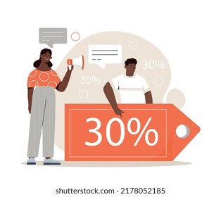 Discount and sale. Poster or banner for website, modern methods of marketing and promotion on Internet. Special offers for regular customers. Shopping online. Cartoon flat vector illustration