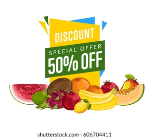 Discount sale poster with fresh fruit vector illustration. Natural product shop, juicy fruit promo, vegetarian nutrition offer, organic healthy food retail. Coconut, watermelon, orange, pomegranate