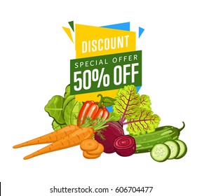 Discount sale poster with fresh vegetable vector illustration. Natural product shop, locally grown, vegetarian nutrition offer, organic healthy food retail poster with radish, pepper, cucumber, carrot