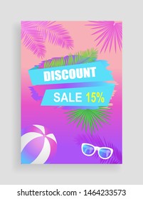 Discount sale, season promotion shaped ribbon, vector leaflet sample. Sun glasses and double color beach ball, palm leaves print, wallpaper pattern. Flat cartoon