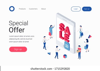 Discount sale shopping isometric concept. People shop next to smartphone with big 3d letters SALE. Landing page template. Trendy flat 3d isometric style. Vector illustration.