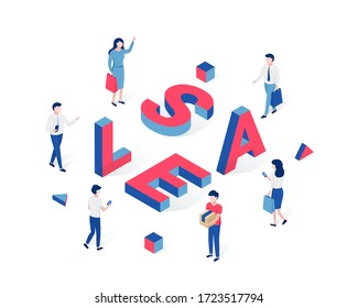 Discount sale shopping isometric concept. People shop next to big 3d letters SALE. Trendy flat 3d isometric style. Vector illustration.