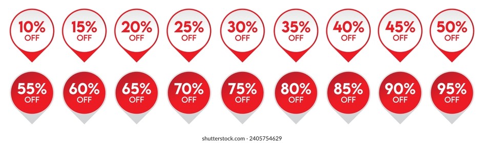 Discount sale tags. Off tag red ribbon labels set. Promotion special offer badges. Promotional banners isolated element. Flat vector illustration.