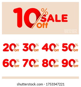 Discount Sale talkers or tags set, 10, 20, 90, 80, 30, 40, 50, 60, 70, 80, 90 percent off. Sale and discount labels