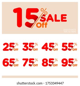 Discount Sale talkers or tags set, 15, 25, 35, 45, 55, 65, 75, 85, 95 percent off. Sale and discount labels