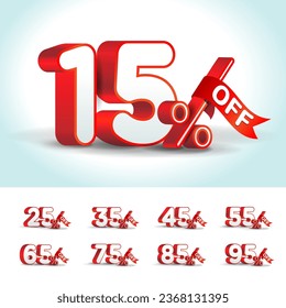 Discount Sale talkers or tags set, 15, 25, 35, 45, 55, 65, 75, 85, 95 percent off. 3d Sale and discount labels.