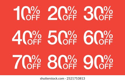 Discount Sale talkers ou tags set, 10%, 20%, 90%, 80%, 30%, 40%, 50%, 60%, 70%, 80%, 90% off, ilustração de vetor de tipografia.