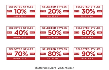 Discount Sale talkers or tags set, 10%, 20%, 90%, 80%, 30%, 40%, 50%, 60%, 70%, 80%, 90% off, typography vector illustration.