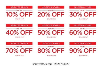 Discount Sale talkers or tags set, 10%, 20%, 90%, 80%, 30%, 40%, 50%, 60%, 70%, 80%, 90% off, typography vector illustration.