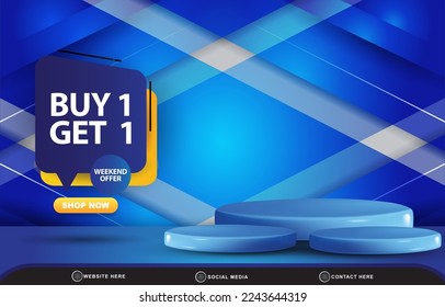 discount sale template banner with blank space 3d podium for product sale with abstract gradient blue and white background design