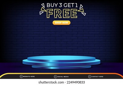 discount sale template banner with blank space 3d podium for product sale with abstract gradient dark blue background design