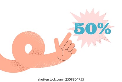 Discount and sale. Textured human hand points with index finger to 50 percent discount. Flat vector illustration