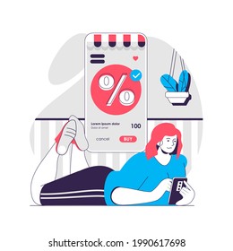 Discount sale web concept. Woman makes purchases in mobile app. Marketing promotion people scene. Flat characters design for website. Vector illustration for social media promotional materials