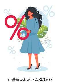 discount, sale. woman holding big percent sign. girl are holding big percent sign. Discounts on goods, promotions. Keep discounts. Financial interest. Increase, decrease in price. Vector illustration.