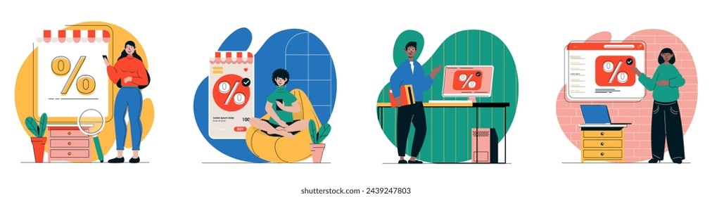 Discount sales concept with people scenes set in flat web design. Bundle of character situations with men and women shopping with bargain prices, ordering online and purchasing. Vector illustrations.