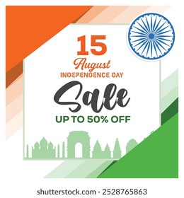 Discount sales for Indian Independence Day celebrations. Indian Flag with Ashoka Chakra. Independence Day sale concept. Flat vector illustration.