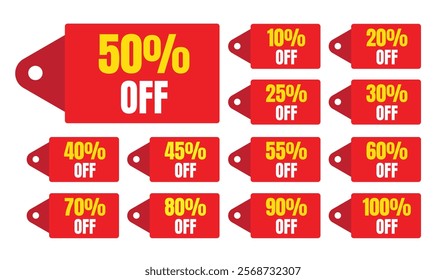 Discount Sales Offer Tag Icon Set. 10%, 20%, 30%, 40%, 50%, 60%, 70%, 80%, 90%, 100% percent product price off, clearance sticker badge banner label vector Illustration isolated on white background.