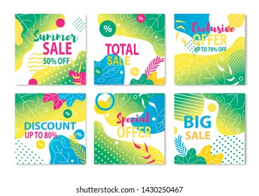 Discount and Sales Offers Colorful Flat Cards Set. Summer Total, Big, Special and Exclusive Sell-out up to 50, 70, 80 Percent. Shop, Tour Agency Ad Flyers. Vector Flat Illustration with Exotic Foliage