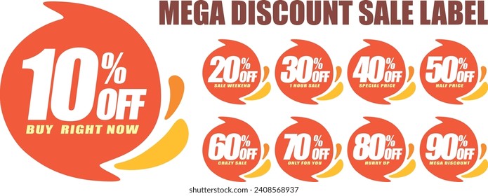 Discount sales tag.Yellow and red  round blowout sale label.10,20,30,40,50,60,70,80,90 percent price cut out badge.Special offer banner template with advertising words.Set of mega discount sale label.