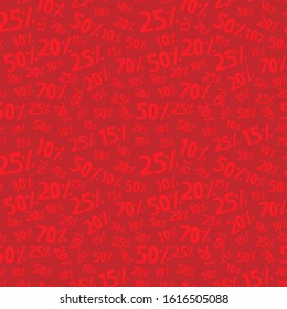 Discount seamless pattern with different percent numbers on burgundy red background to use as advertisement background or shop decoration.