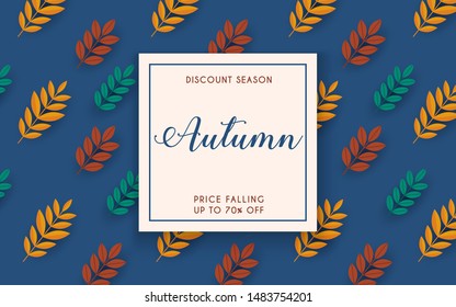 Discount season. Sale. Autumn leafs on the background. Flat design modern vector illustration concept.