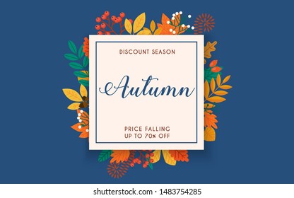 Discount season. Sale. Autumn leafs on the background. Flat design modern vector illustration concept.