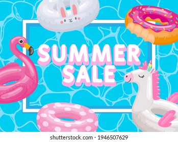 Discount season, summer sale, inflatable rings and toys. Vector discount summer sale season offer and promotion, advertising banner illustration