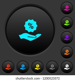 Discount services dark push buttons with vivid color icons on dark grey background
