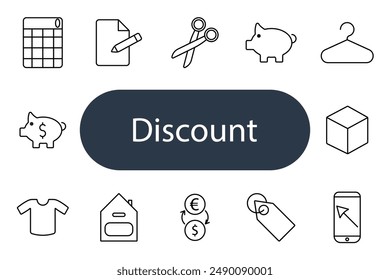 Discount set icon. Calendar, document, scissors, piggy bank, hanger, shirt, cube, sale tag, price, exchange, bargain, savings, deal, offer, cut, value, price, promotion, rebate, coupon, special.