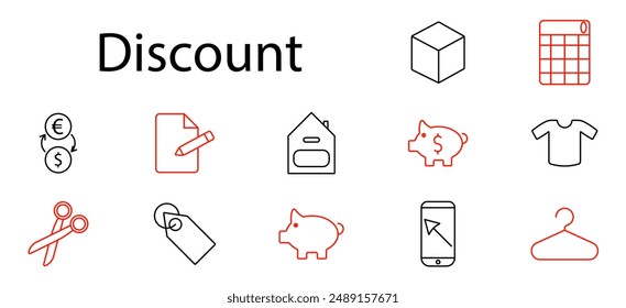 Discount set icon. Currency, document, house, piggy bank, shirt, calendar, scissors, price tag, box, mobile, hanger, savings, exchange, budget, clothing, finance, cost, economy.