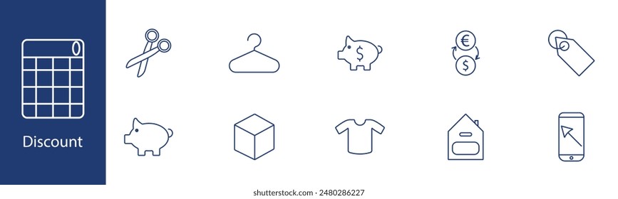 Discount set icon. Scissors, hanger, piggy bank, coins, tag, box, shirt, mobile, calendar. Sale, savings, shopping concept.