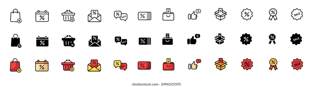 Iconos de conjunto de descuento. Iconos de la tienda. Estilos lineales, siluetas y planos. Iconos del vector.