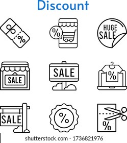 discount set. included online shop, sale, shop, voucher, discount icons. linear styles.