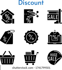 discount set. included online shop, sale, mortgage, voucher, price tag, shopping cart, discount, shopping-basket icons. filled styles.