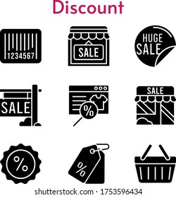 discount set. included online shop, sale, shop, price tag, discount, shopping-basket, barcode icons. filled styles.