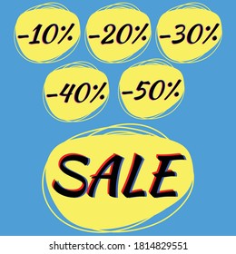 Discount set for the sale of goods. Stickers with -50% discount. Promotional offer in the style of anaglyph. Vector design for print flyers, signage, hay and online store.