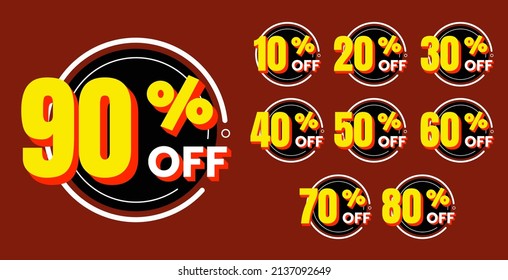 Discount set vector template, 10, 20, 30, 40, 50, 60, 70, 80, 90 percent off illustration yellow text color and red background with 3D Style Shadow