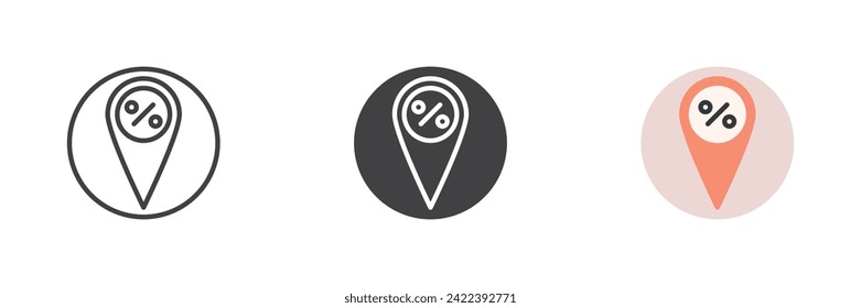 Discount shop location different style icon set. Line, glyph and filled outline colorful version, outline and filled vector sign. Map marker with percent Symbol, logo illustration. Vector graphics