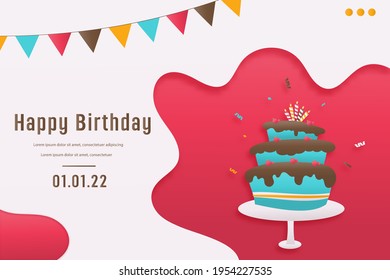 Discount Shop Online, Birthday Sale Banners With Cake Paper Cut And Papercraft Style. Celebration Happy Birthday Sale Voucher Template.