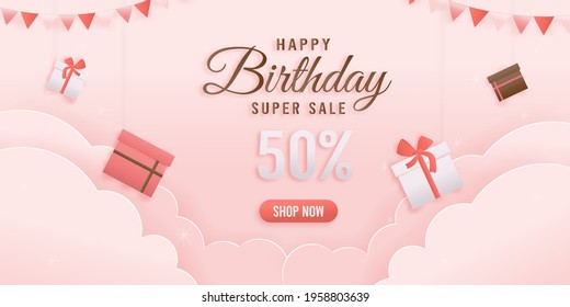 Discount shop online, Birthday sale banners with giftbox paper cut and papercraft style. Celebration Happy birthday sale voucher template.	
