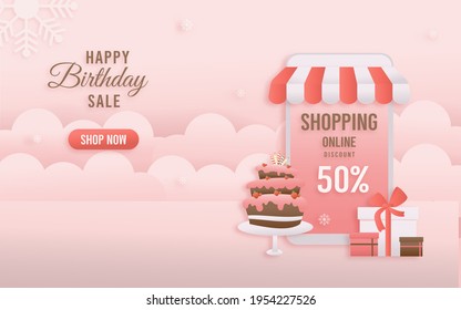 Discount shop online, pink Birthday sale banners on mobile with cake paper cut and papercraft style. Celebration Happy birthday sale voucher template.